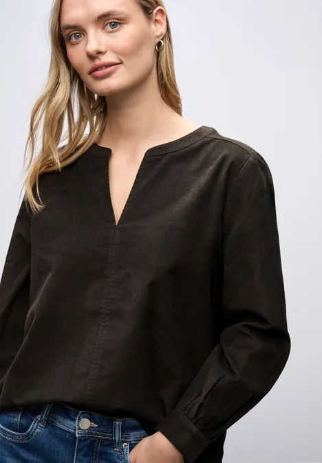 Cordbluse in Unifarbe darkest brown