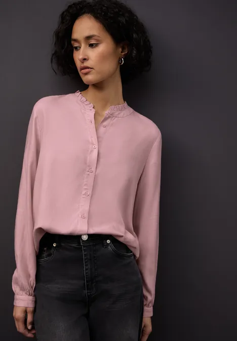 Gemêleerde blouse met ruches powder pink mel.
