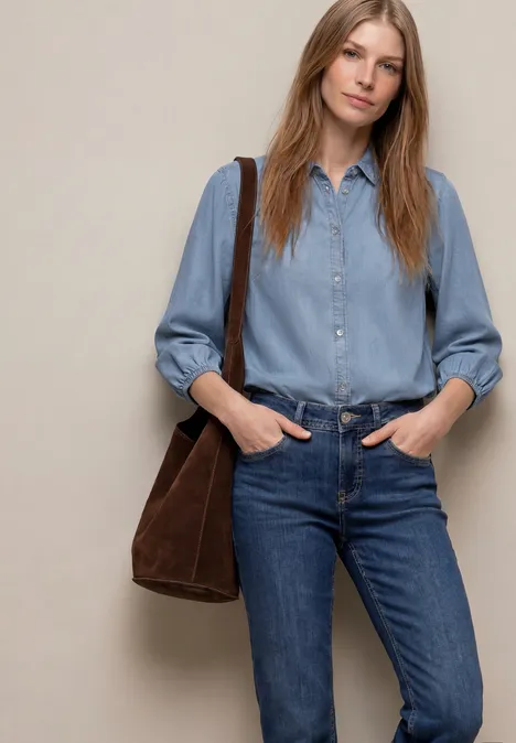 Chemisier à manches 3/4 en look denim Light Blue soft wash Chemisier à manches 3/4 en look denim Light Blue soft wash