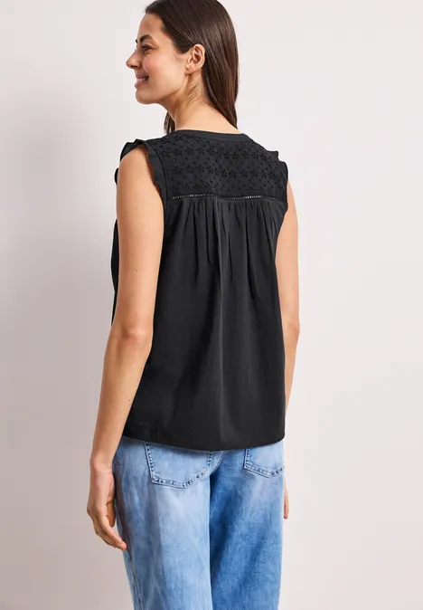 Blusentop mit Split Neck und Shiffleydetails Black