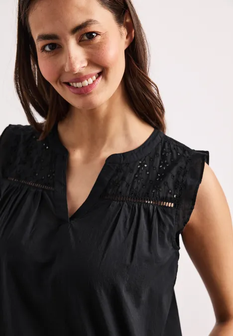 Blusentop mit Split Neck und Shiffleydetails Black