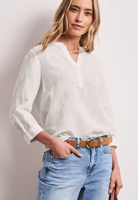Blouse met gespleten hals van linnenmix off white
