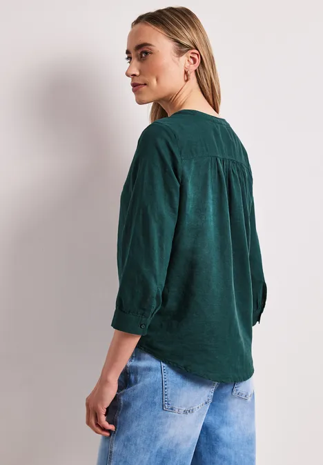 Blouse met gespleten hals van linnenmix dark garden green Blouse met gespleten hals van linnenmix dark garden green