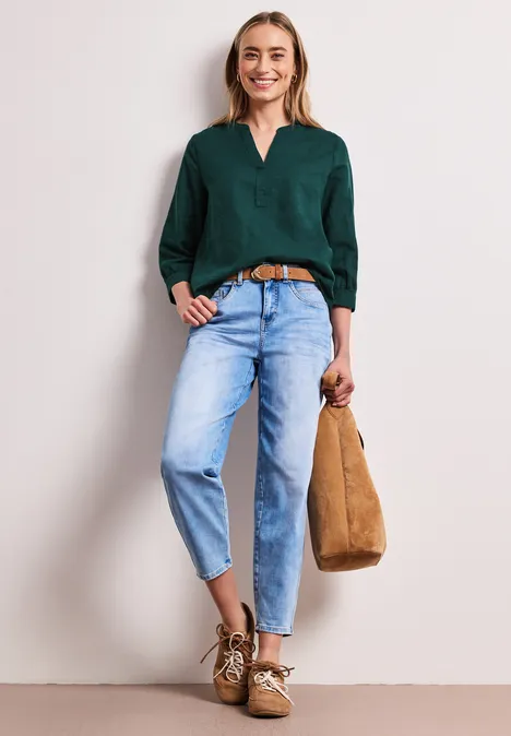 Blouse met gespleten hals van linnenmix dark garden green Blouse met gespleten hals van linnenmix dark garden green