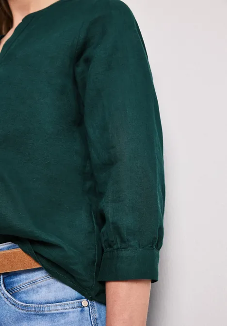 Blouse met gespleten hals van linnenmix dark garden green Blouse met gespleten hals van linnenmix dark garden green