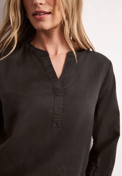 Bluse mit Split Neck aus Leinenmix espresso brown