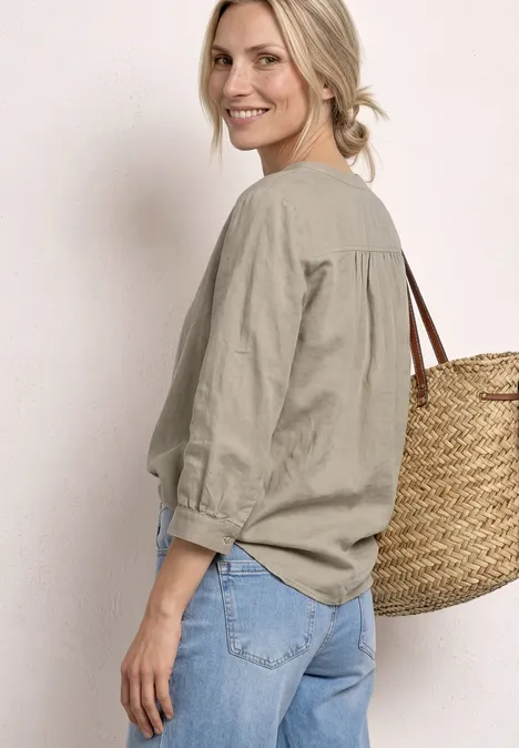 Bluse mit Split Neck aus Leinenmix timeless beige