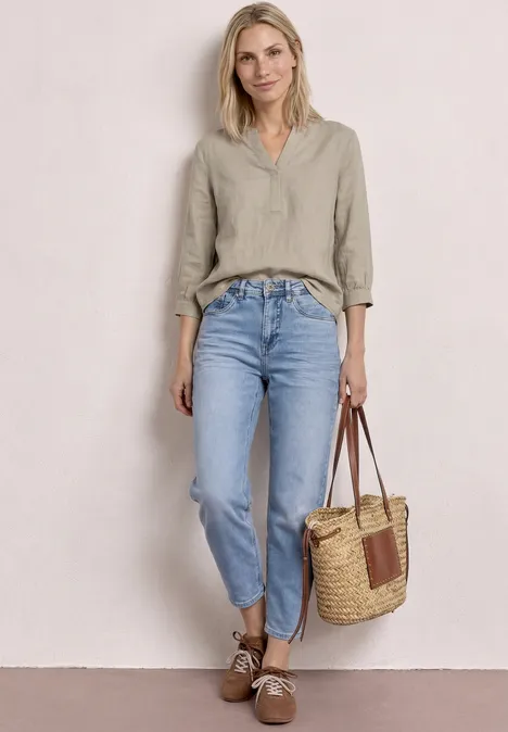 Bluse mit Split Neck aus Leinenmix timeless beige