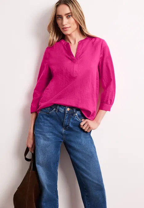 Bluse mit Split Neck aus Leinenmix magenta dream