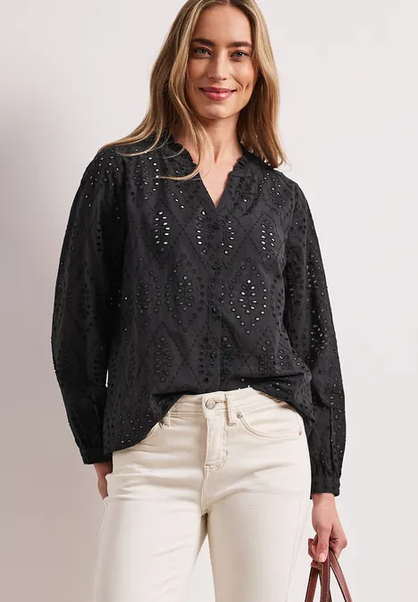 Bluse mit Split Neck und Shiffley-Muster Black