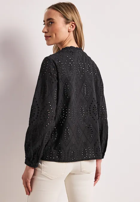 Bluse mit Split Neck und Shiffley-Muster Black