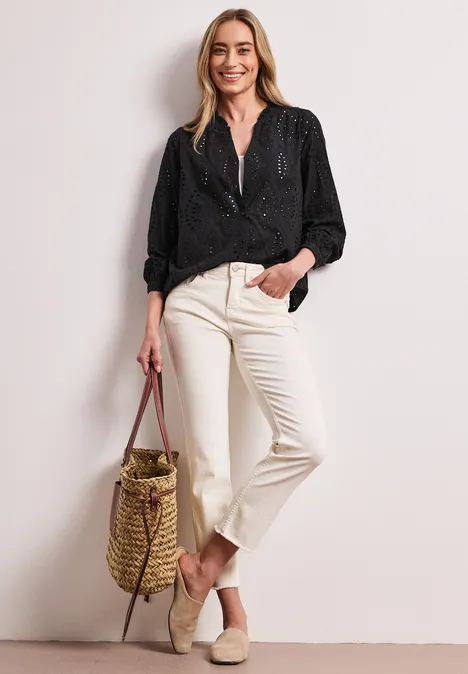 Bluse mit Split Neck und Shiffley-Muster Black