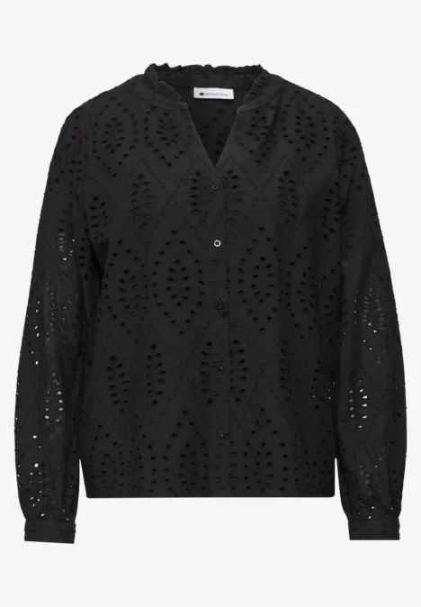 Bluse mit Split Neck und Shiffley-Muster Black