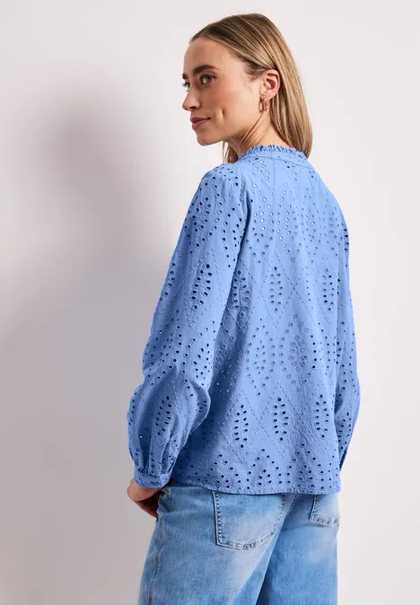 Bluse mit Split Neck und Shiffley-Muster drift blue