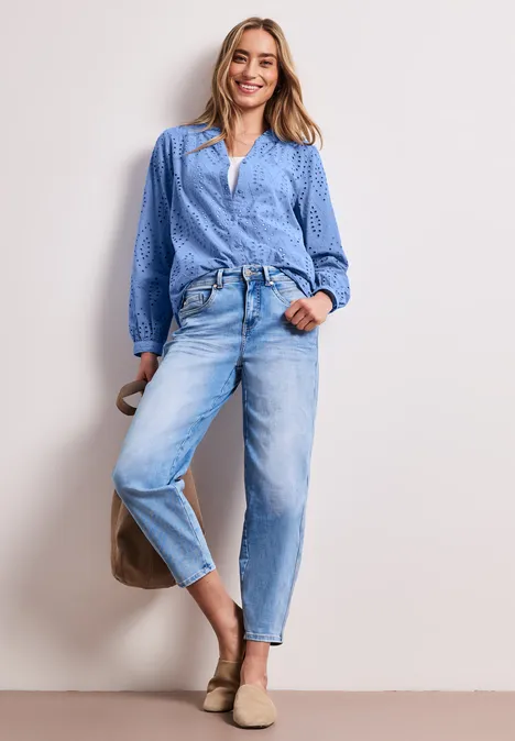 Bluse mit Split Neck und Shiffley-Muster drift blue
