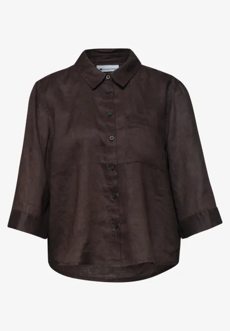 Chemise en lin brun foncé, manches 3/4 et col boutonné