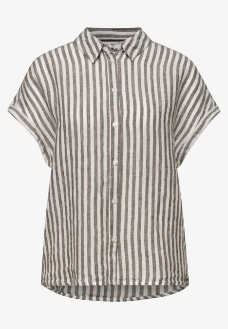 Grijs-wit gestreept linnen overhemd met korte mouwen, knoopsluiting en kraag.