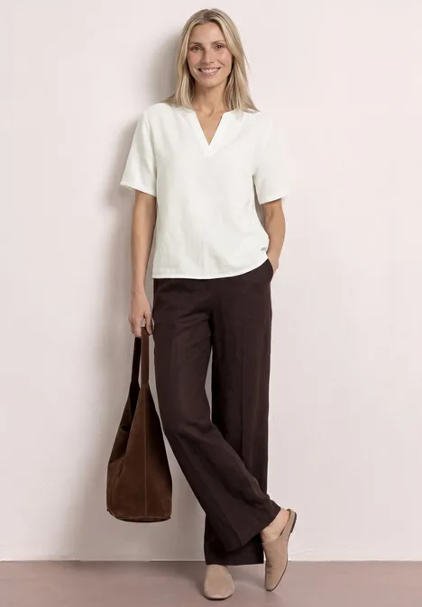 Blouse à col fendu en lin mélangé off white