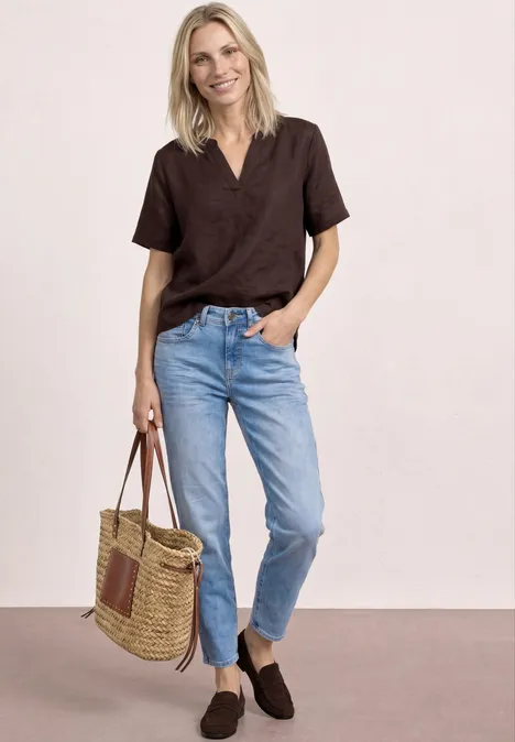 Blouse à col fendu en lin mélangé espresso brown
