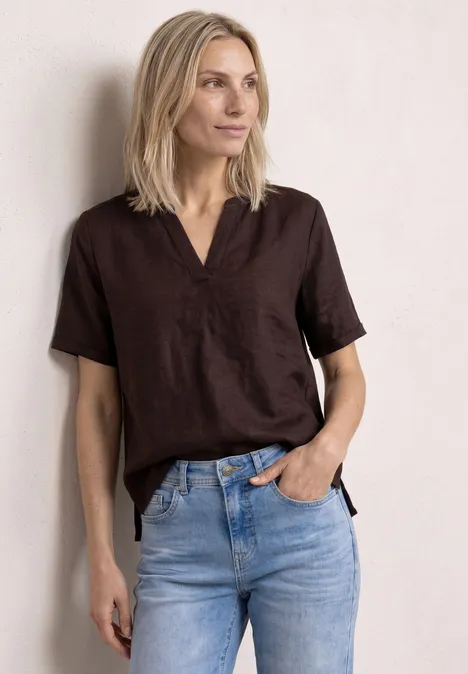 Blouse à col fendu en lin mélangé espresso brown