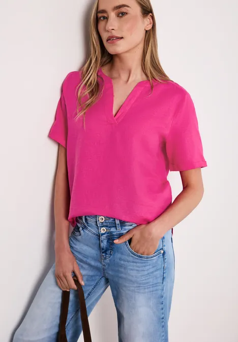 Bluse mit Split Neck aus Leinenmix magenta dream Bluse mit Split Neck aus Leinenmix magenta dream