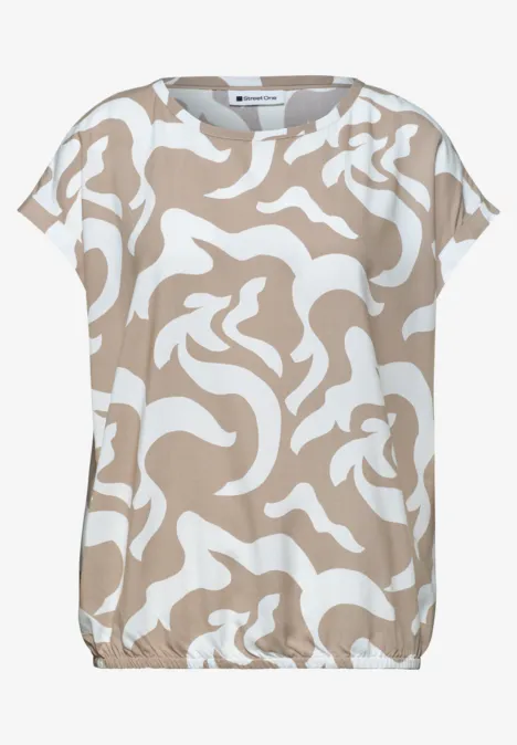 Beige-weißes kurzärmeliges Damen-Top mit abstraktem Muster und elastischem Saum.