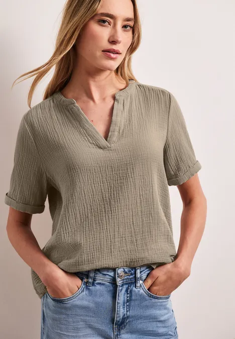 Blouse met korte mouwen in mousseline kwaliteit timeless beige