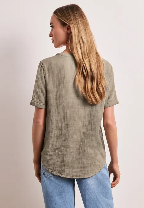 Blouse met korte mouwen in mousseline kwaliteit timeless beige