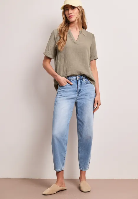 Blouse met korte mouwen in mousseline kwaliteit timeless beige