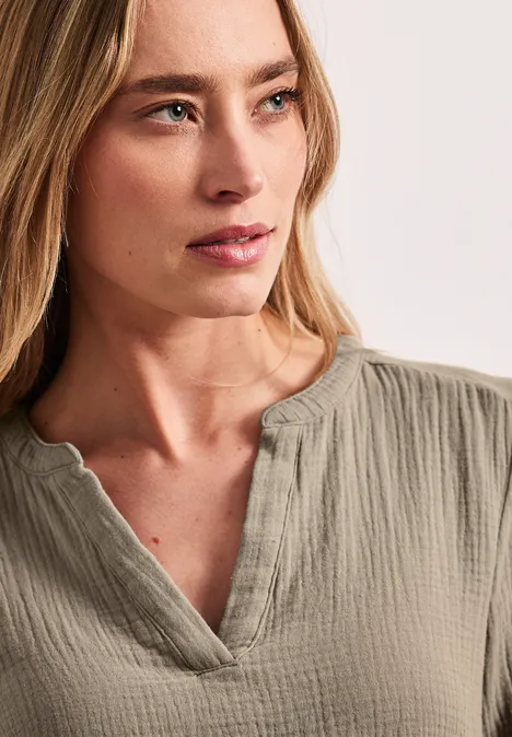 Blouse met korte mouwen in mousseline kwaliteit timeless beige