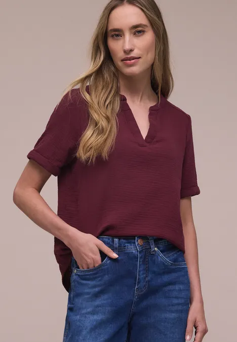 Blouse met korte mouwen in mousseline kwaliteit truffle red
