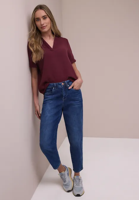 Blouse met korte mouwen in mousseline kwaliteit truffle red