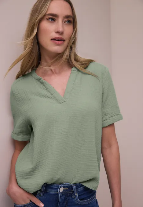 Blouse met korte mouwen in mousseline kwaliteit mint leaf