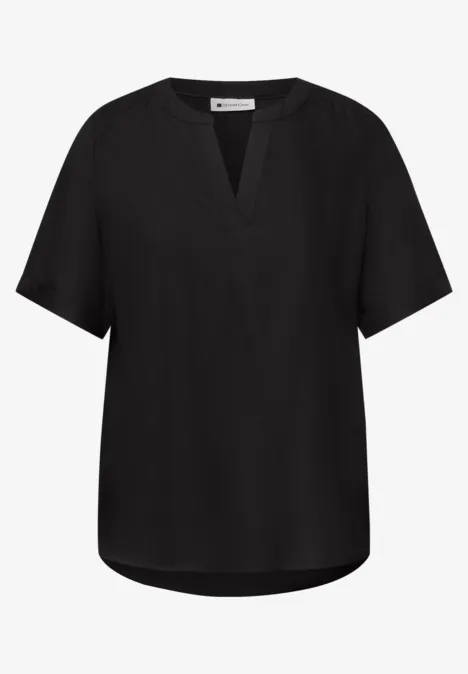 Bluse mit Split Neck und Turn-Up Black