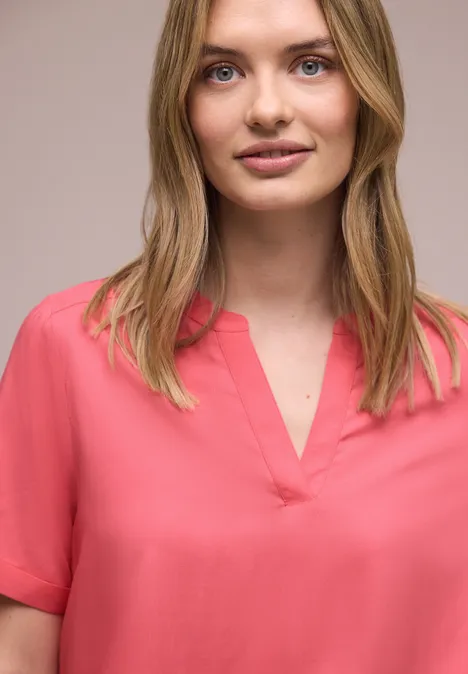 Bluse mit Split Neck und Turn-Up striking coral