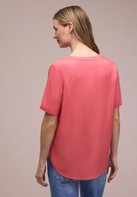 Bluse mit Split Neck und Turn-Up striking coral
