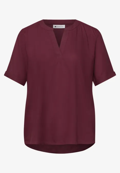 Bluse mit Split Neck und Turn-Up truffle red