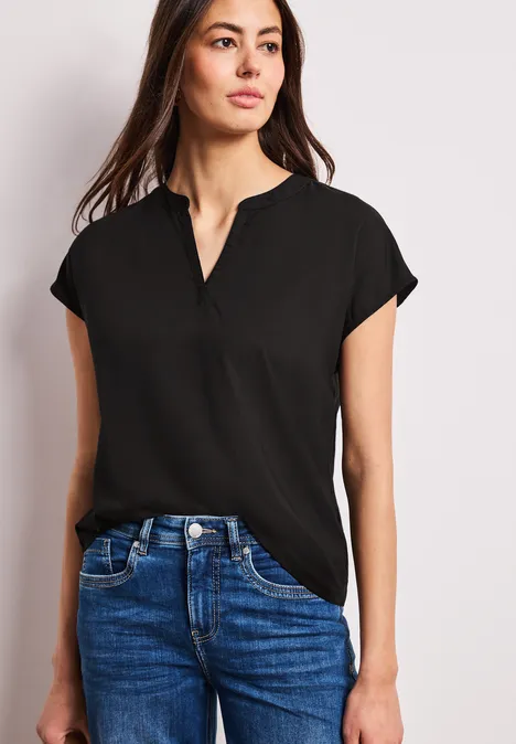 Dropped Shoulder Bluse mit Split Neck Black Dropped Shoulder Bluse mit Split Neck Black