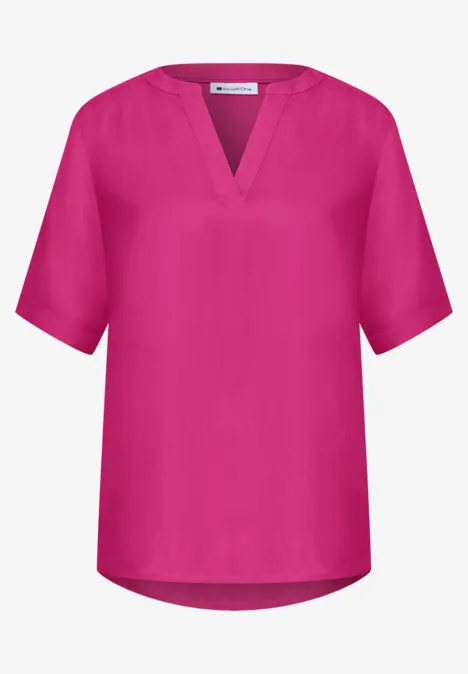 Kurzarm Bluse mit Split Neck in Unifarbe magenta dream