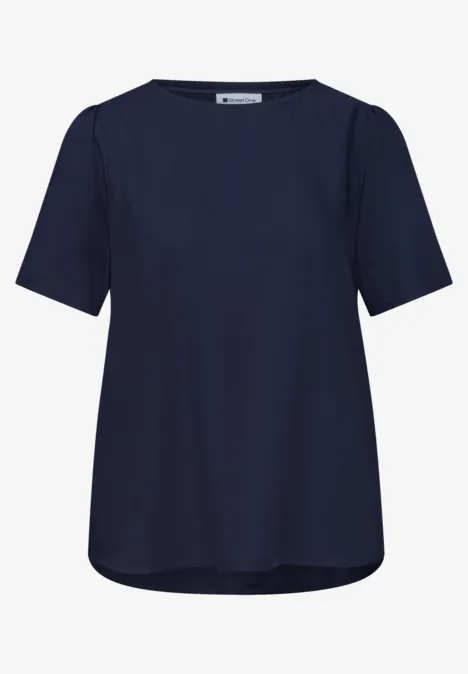 Schlichte dunkelblaue Bluse mit kurzen Ärmeln und Rundhalsausschnitt.