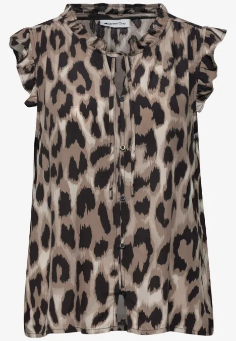 Leopardenmuster-Bluse mit Rüschenärmeln und Bindeband am Ausschnitt
