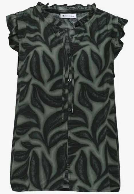 Dunkelgrüne Bluse mit Rüschenärmeln und abstraktem Blattmuster.