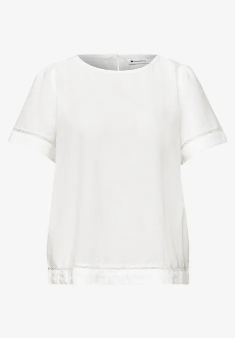 Weißes Damen-T-Shirt mit kurzen Ärmeln, rundem Ausschnitt und elastischem Saum.