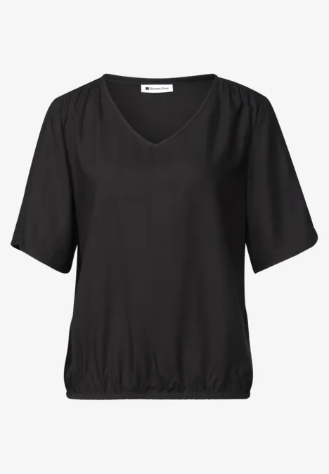 Schwarze Damenbluse mit V-Ausschnitt, halblangen Ärmeln und elastischem Saum