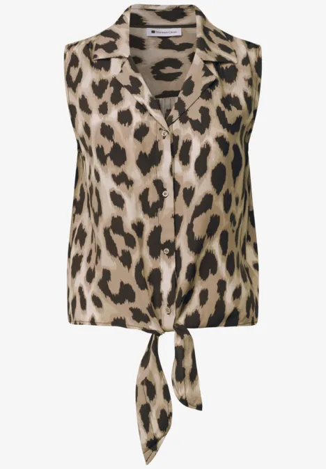 Ärmellose Bluse mit Leopardenmuster und vorderen Knoten
