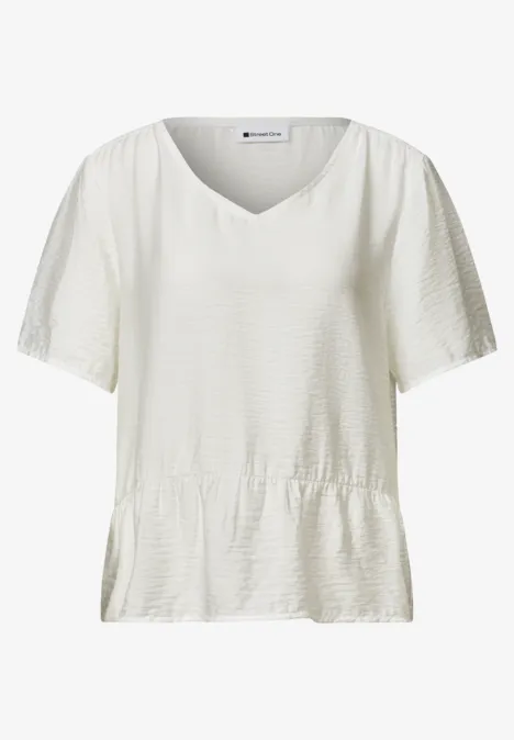 Weißes Damen-T-Shirt mit V-Ausschnitt, kurzen Ärmeln und gerafftem Bund.