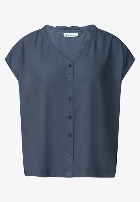 Dunkelblaue kurzärmelige Damenbluse mit Knopfleiste und V-Ausschnitt.