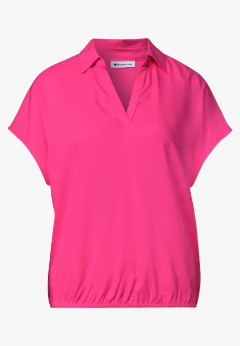 Felroze, losse damesblouse met korte mouwen, V-hals en elastische zoom