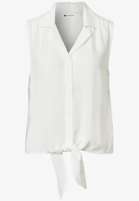 Ärmellose weiße Bluse mit V-Ausschnitt und Frontknoten