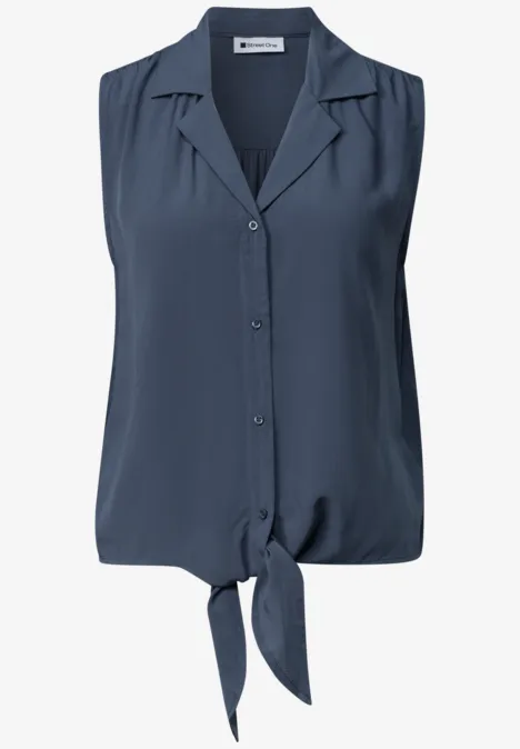 Ärmellose marineblaue Bluse mit Knopfleiste und modischer Knotenbindung am Saum